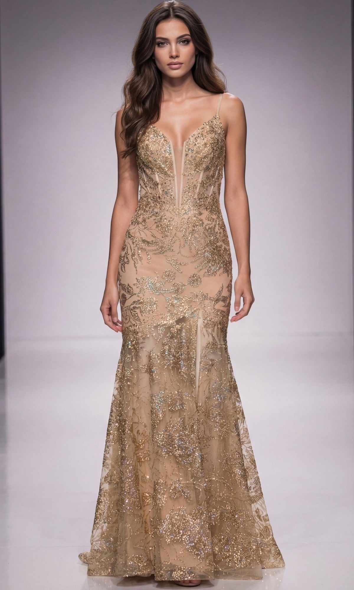 A woman models the Illusion Long Sequin Prom Dress: Jovani 38468, featuring a sleeveless design, gold sequins, deep V neckline, and sheer panels as she walks down a plain runway. This dazzling formal gown shimmers under the lights, ensuring an unforgettable impression at any elegant occasion.